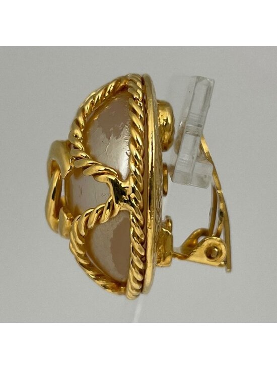 Chanel Coco Mark Faux Pearl Earrings Round GP Gold White - Picture 2 of 5